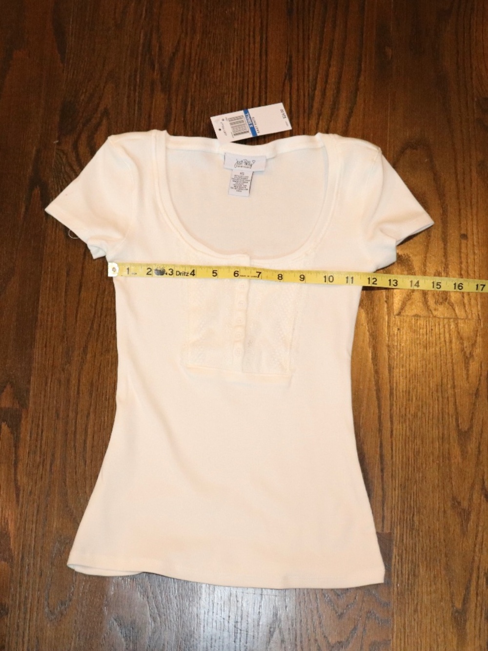Just Polly Juniors Cream Ribbed Short Sleeve Tee Lace Panel Buttons Scoop Neck